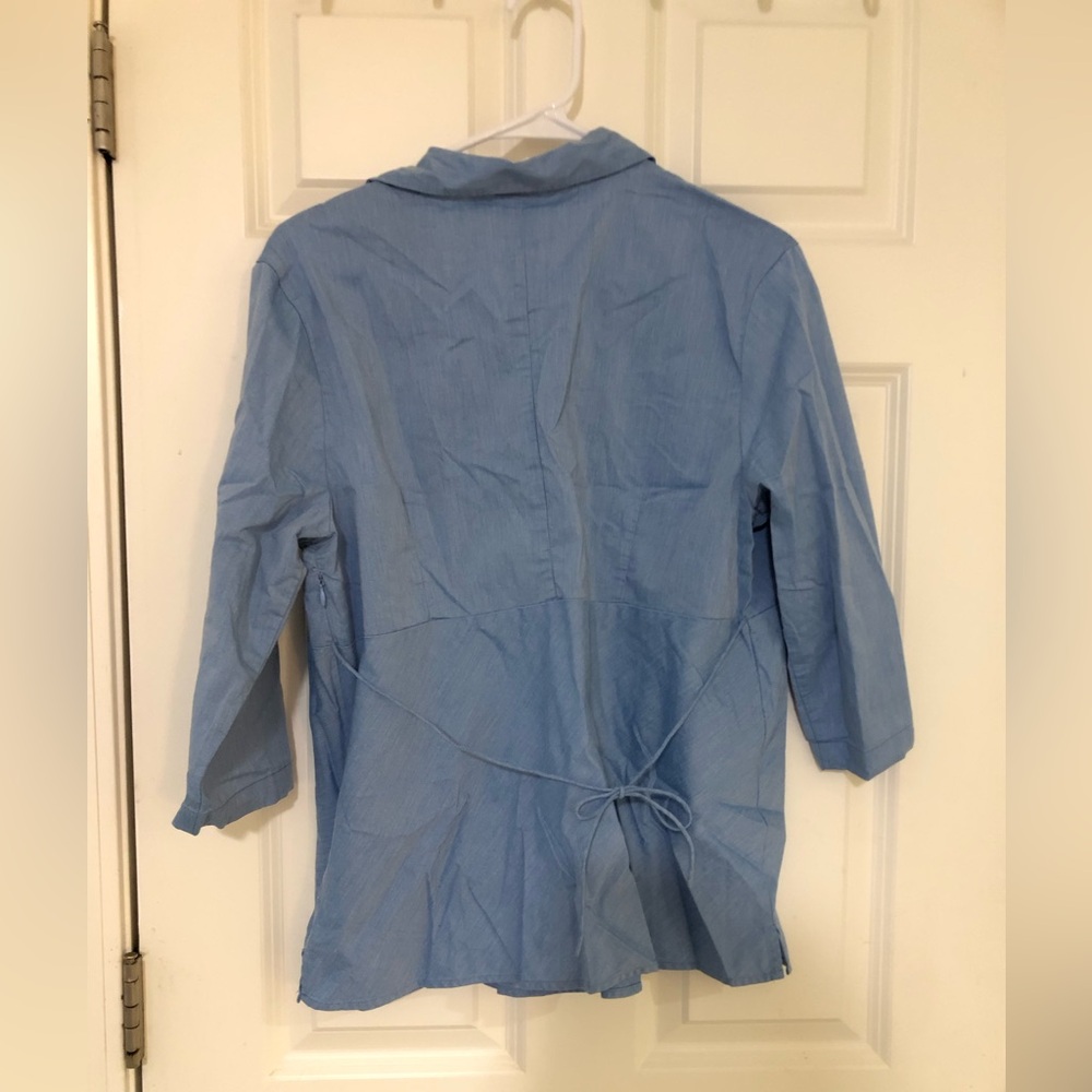 2/$30 Duo Maternity 3/4 Length V Neck Tunic Empire Waist Top Blouse Blue Sz L - Picture 7 of 9